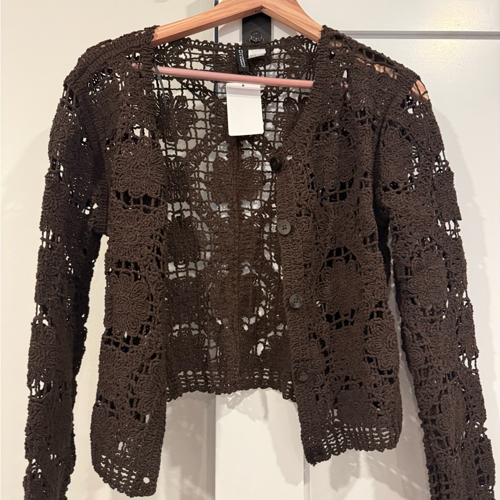 H&M Brown Openwork Crochet Button-Front Cardigan